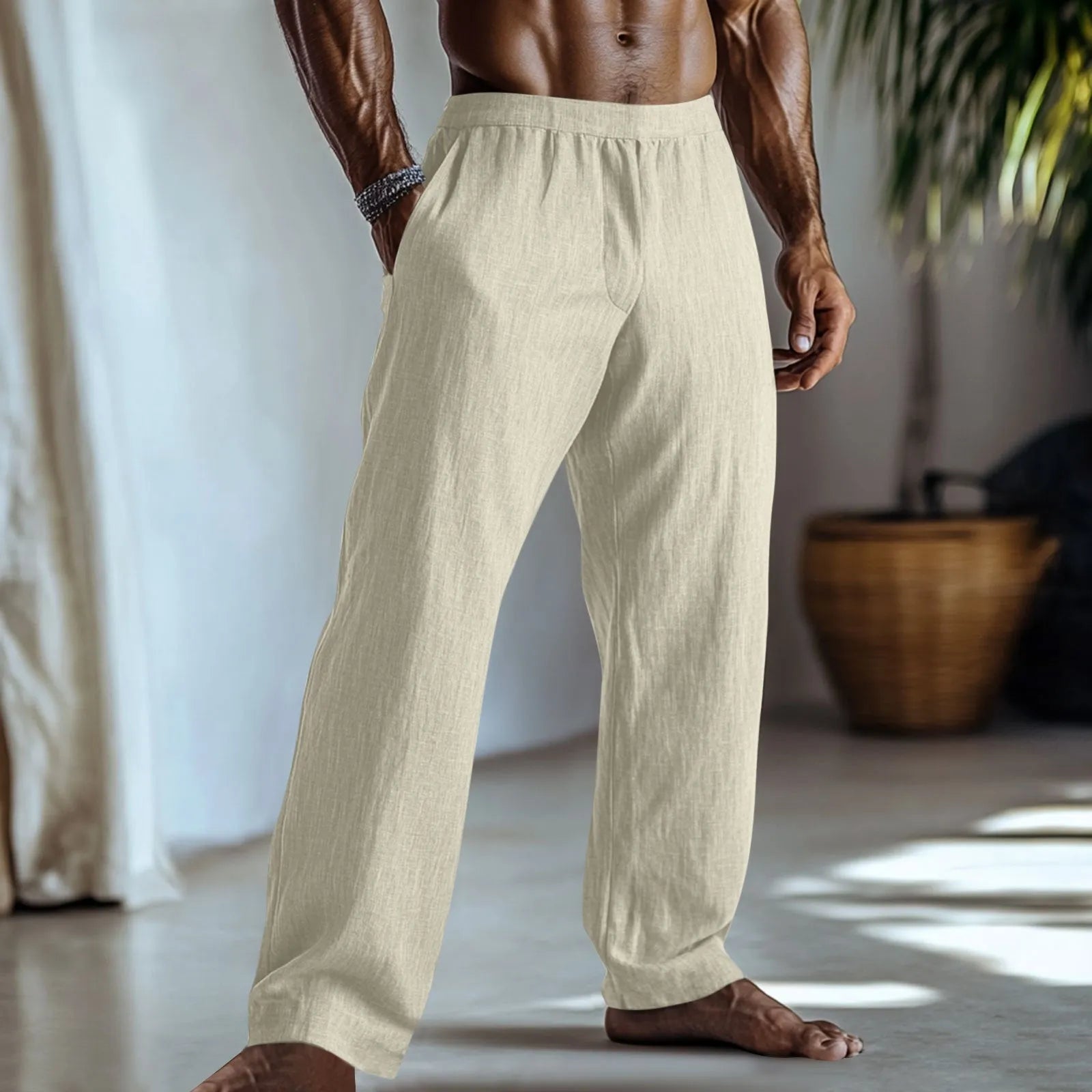 Cotton and linen straight-leg casual trousers in British style with pockets, shown in available colours