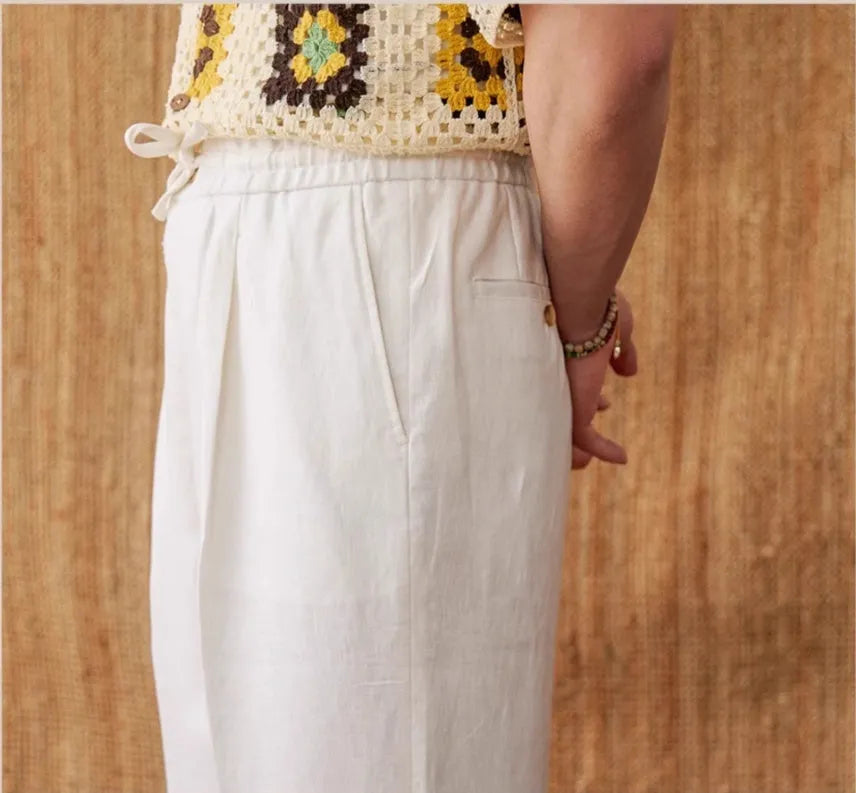 Women's linen straight-leg trousers with elasticated high waist in lace fabric