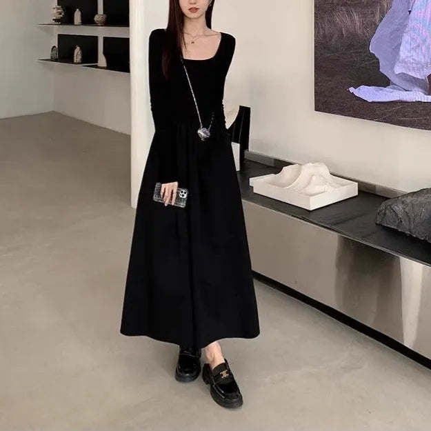 Women's square collar knitted dress with elastic waist and A-line long skirt in black