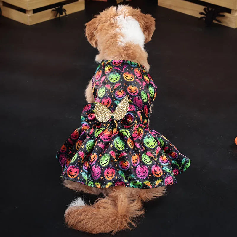 Dog wearing an angel wings Halloween costume in bright pumpkin orange colour.