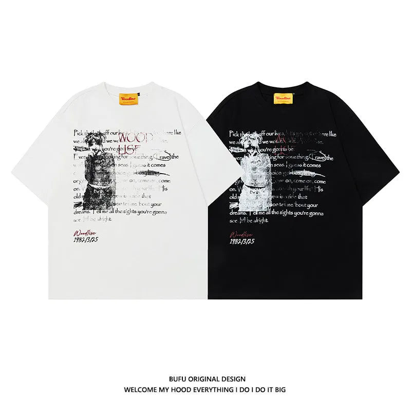 Men's black loose fit cotton t-shirt with white printed letter pattern and raglan sleeves