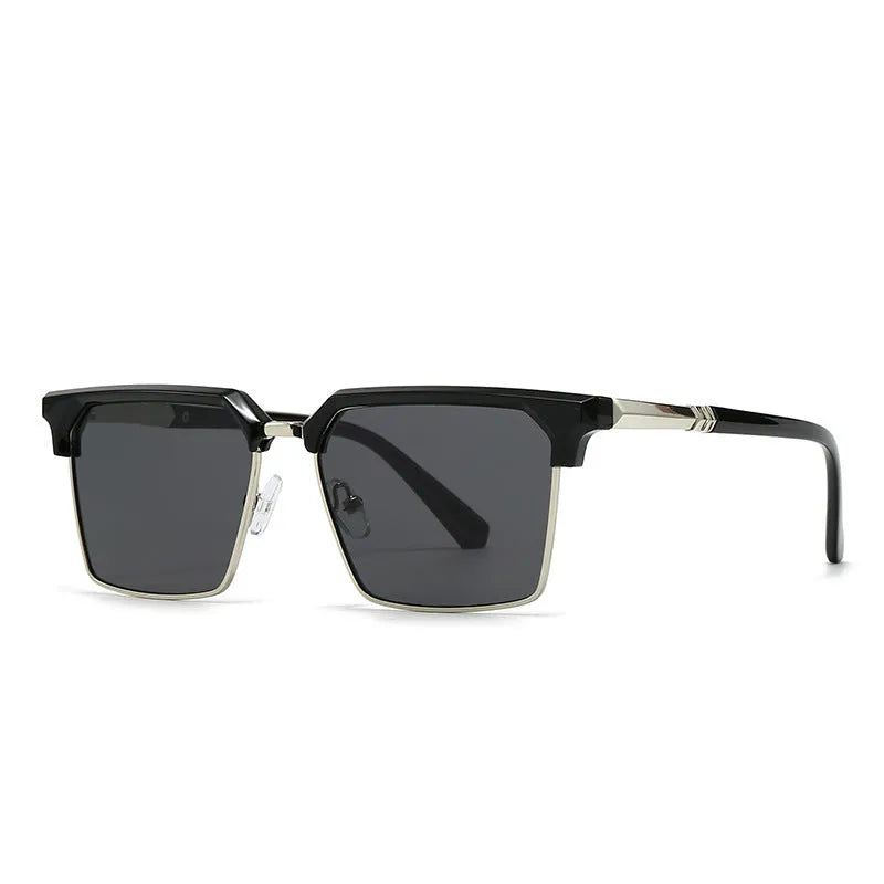 Men's square sunglasses with plastic frame showing six available colour combinations