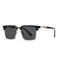 Men's square sunglasses with plastic frame showing six available colour combinations