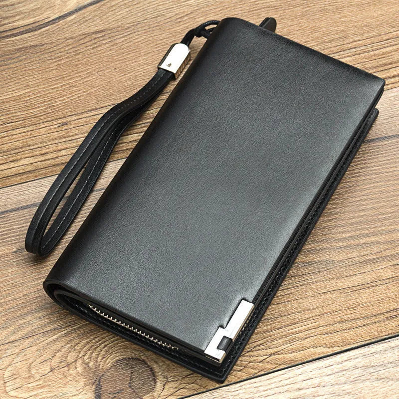 Men's black multifunctional zipper wallet with 7 card slots and RFID blocking technology