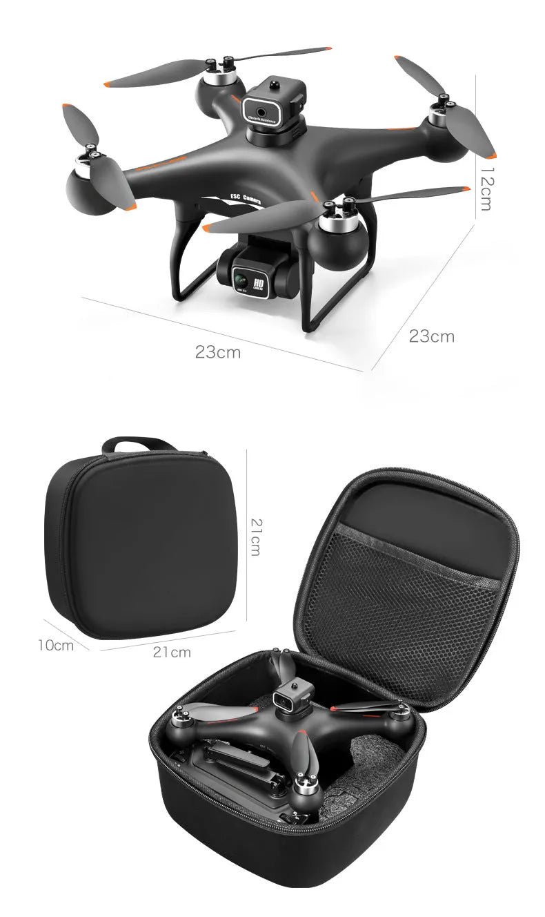S116 black plastic brushless UAV quadcopter with four-side obstacle avoidance and HD camera, shown with remote control.
