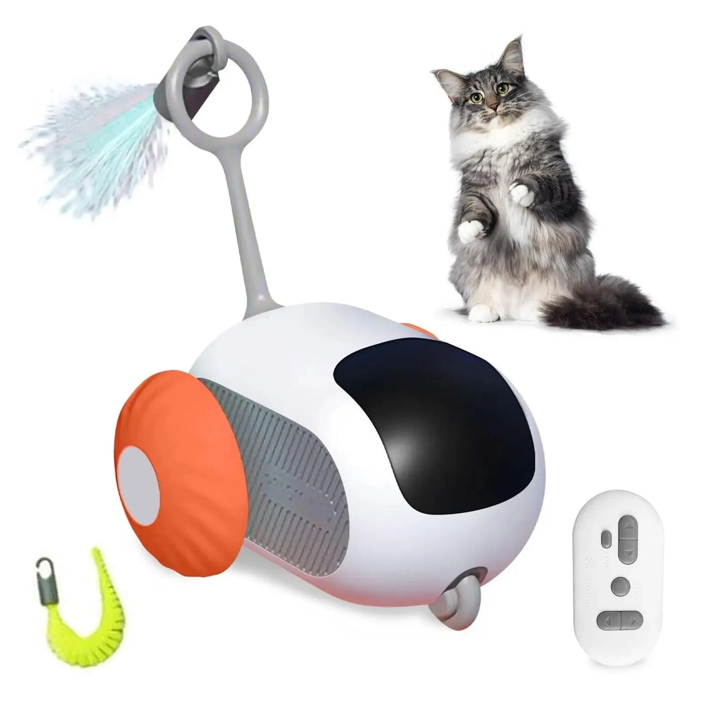 Blue remote controlled cat toy car with feather teaser attachment on hard floor