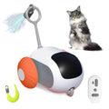 Blue remote controlled cat toy car with feather teaser attachment on hard floor