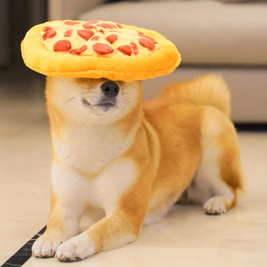 Yellow pizza and teddy bear dual-design dog chewing toy with squeaker