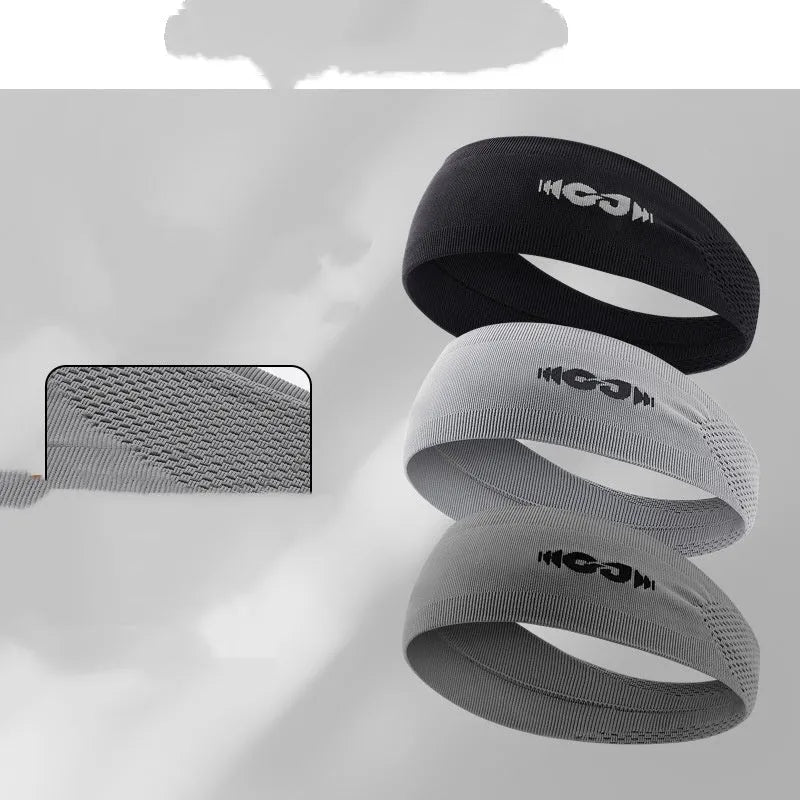 Seamless knitted sports hair band in black, grey, and blue for men and women during exercise.