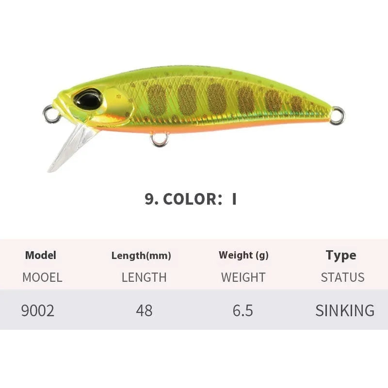 48mm Japanese submerged minnow fishing lure in multiple colour options for mandarin fish and snakehead