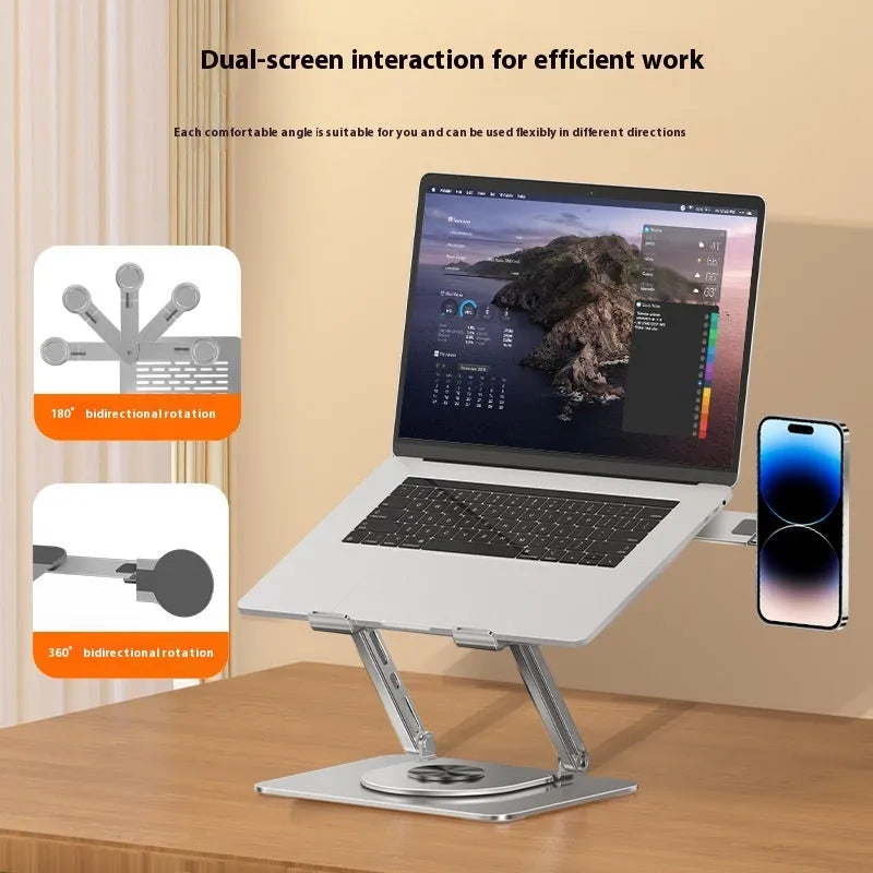 Silver carbon steel laptop stand with rotating magnetic phone holder for 17-inch laptops