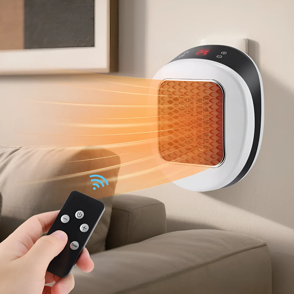 White ceramic electric hot air blower heater with remote control on a table.