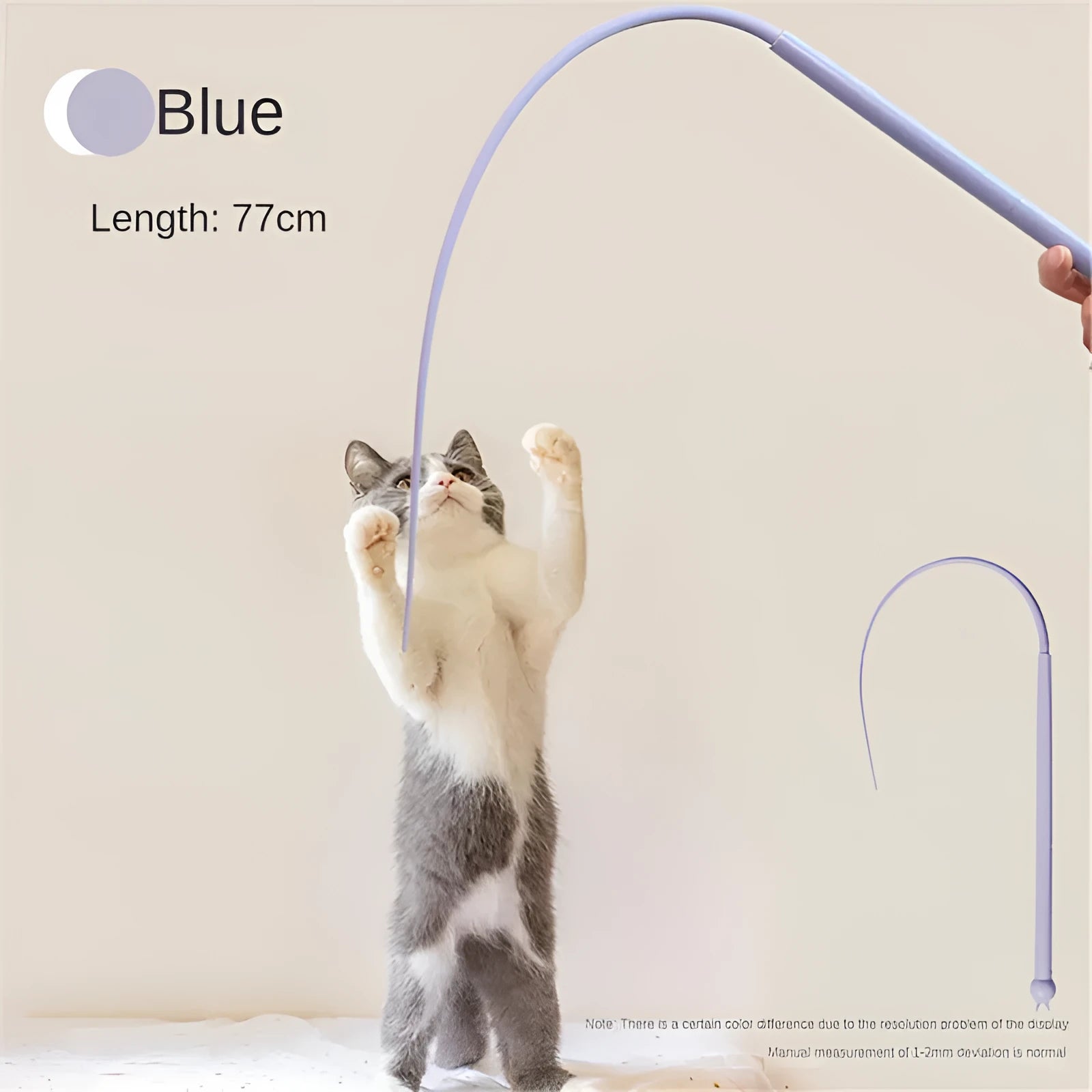 Blue simulated mouse tail cat teaser toy with silicone tail and cat head design