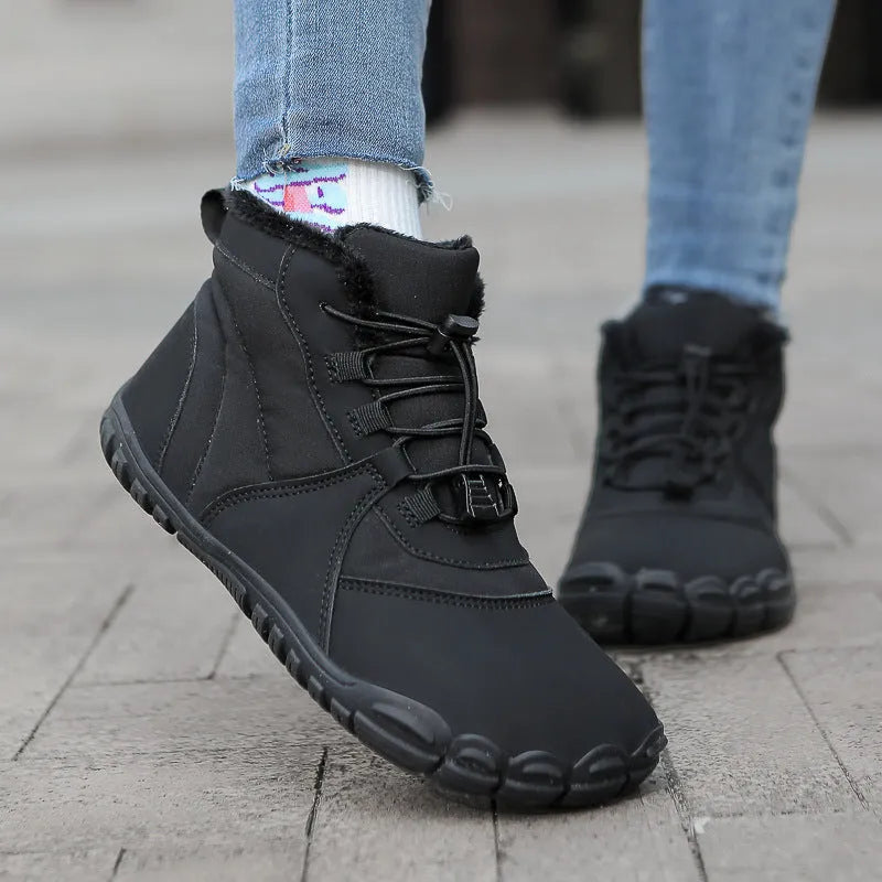 Waterproof unisex snow boots with lace-up front, fleece lining, and rubber sole in black, khaki, or pink.