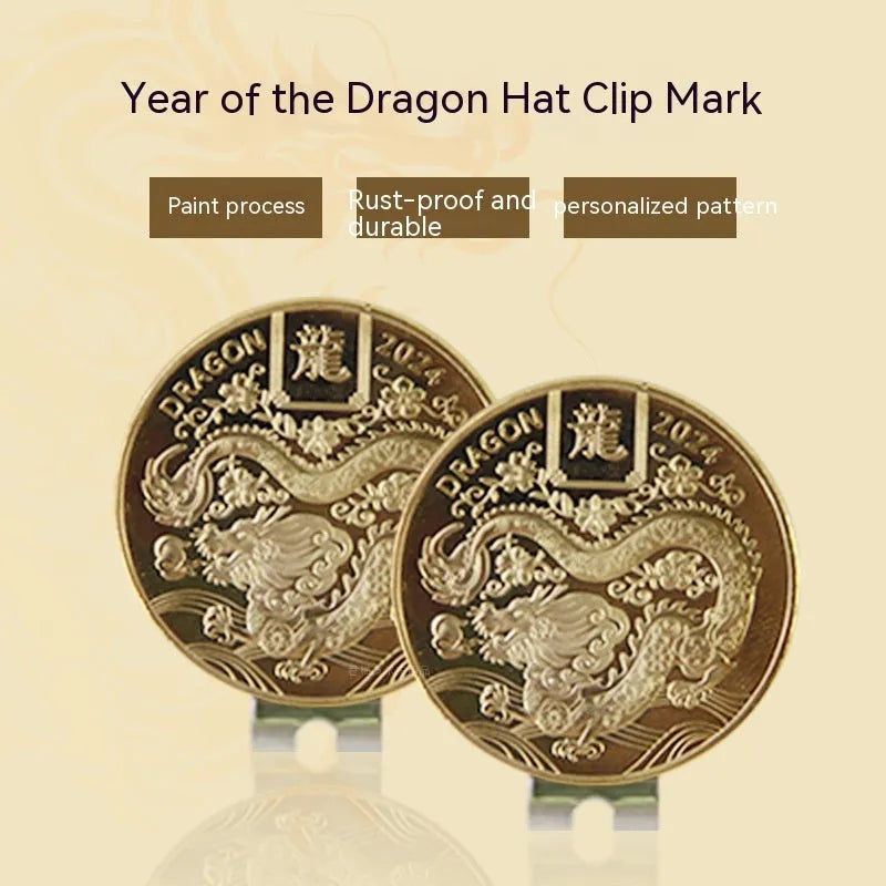 Close-up of a zinc alloy golf hat clip showing a detailed Dragon Year decorative pattern on its metal surface.