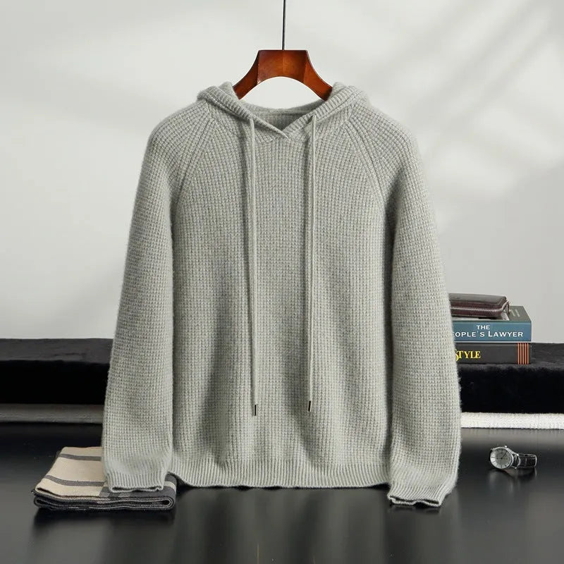 Hooded cashmere sweater in camel, loose fit, long sleeves, winter pullover on model