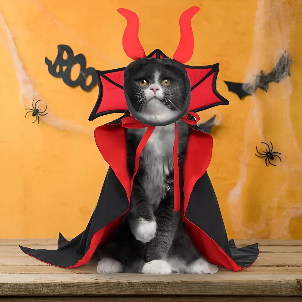 Black polyester vampire cloak and hat Halloween costume for small to medium pets