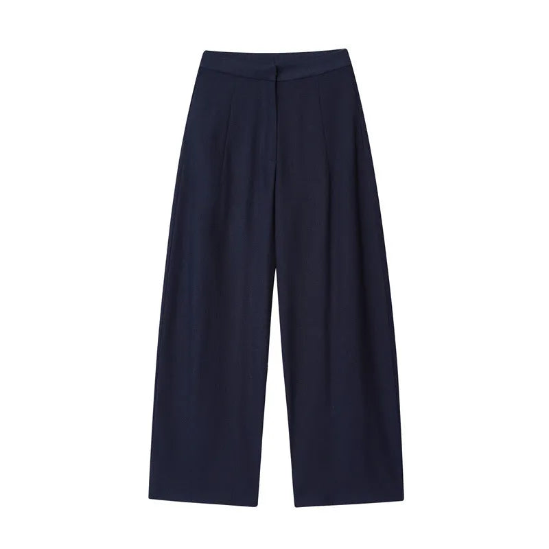 Women's linen blend co-ord set with off-neck flounced sleeve top and matching wide leg trousers