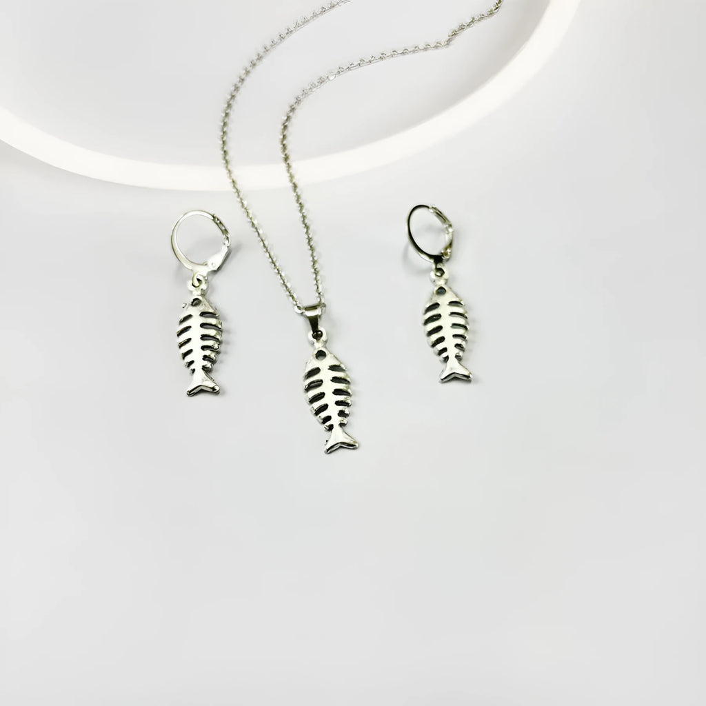 Retro fishbone pendant necklace with matching earrings set on adjustable O-shaped chain