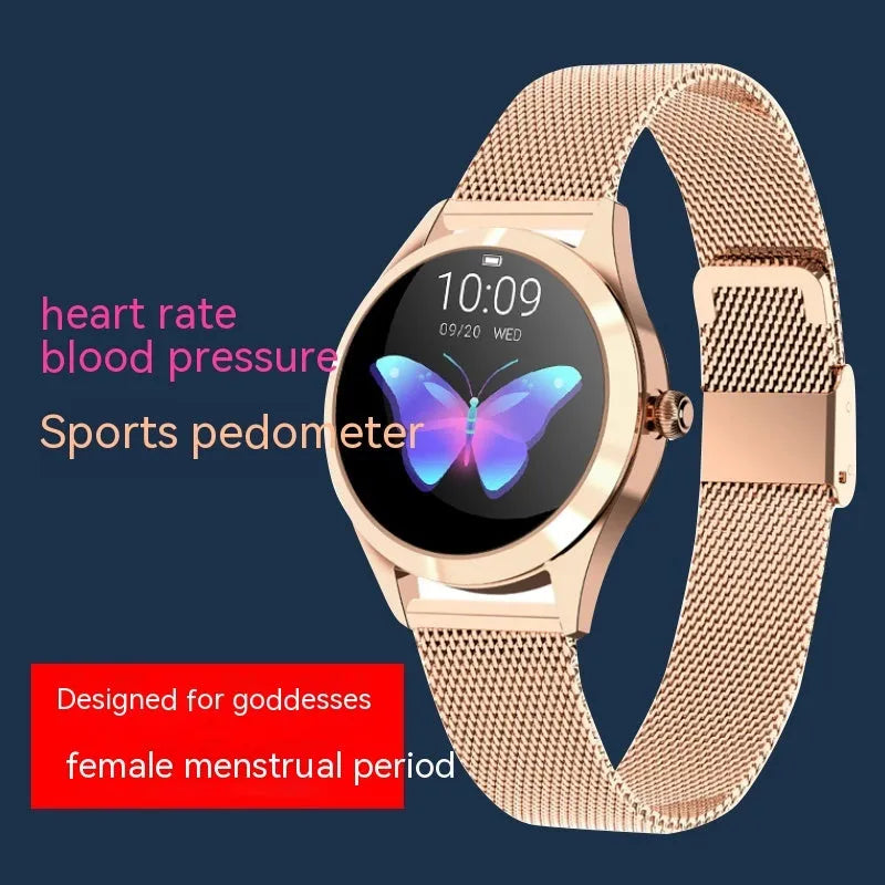 Women's multi-functional sports smartwatch showing heart rate monitoring and available in four colours