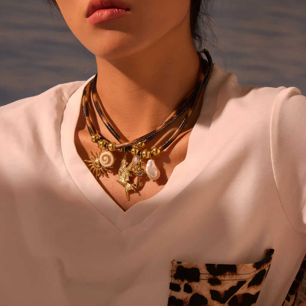 Leopard print geometric pendant necklace on stainless steel chain with gold plating