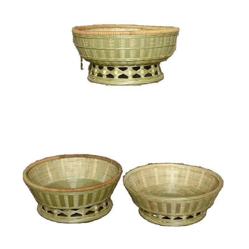 Handmade bamboo storage basket with three compartments measuring 26x8cm, 25x9cm, and 24x12cm