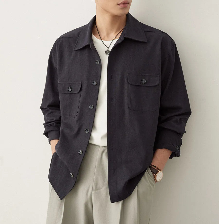 Men's cotton blend casual shirt with long sleeves in light sand rice colour with simple lapel