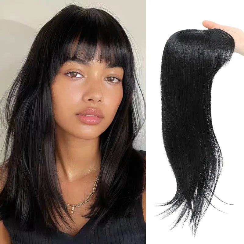 Synthetic clip-in hairpiece wig with inner buckle, shown in one of six available style colours.