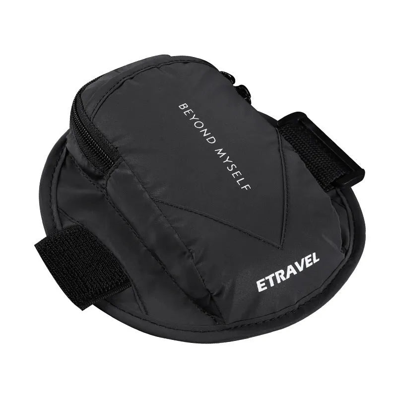 Black reflective running arm bag with adjustable strap and 7-inch capacity.