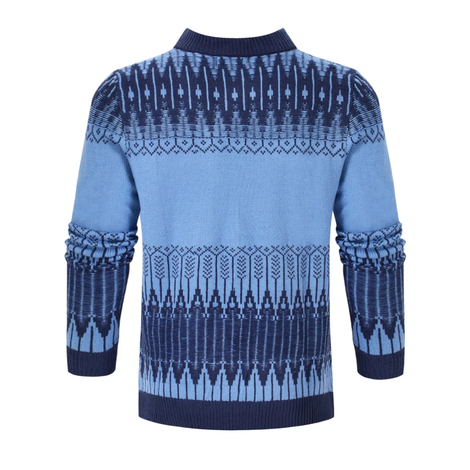 Men's grey knitted sweater with long sleeves, crew neck, and ribbed hem cuffs laid flat