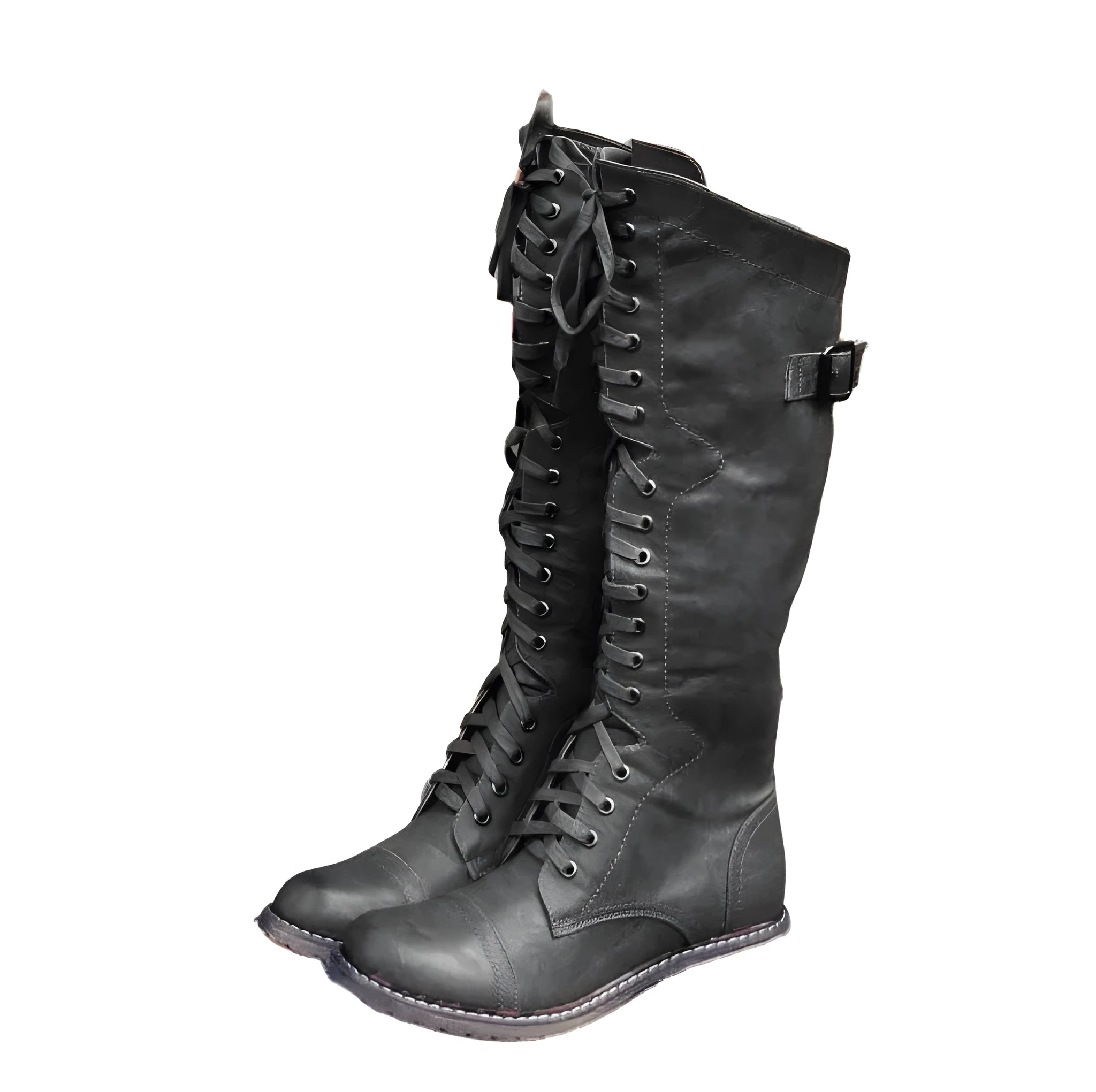 Women's black cross strap knight boots with side buckle fastening on artificial PU upper