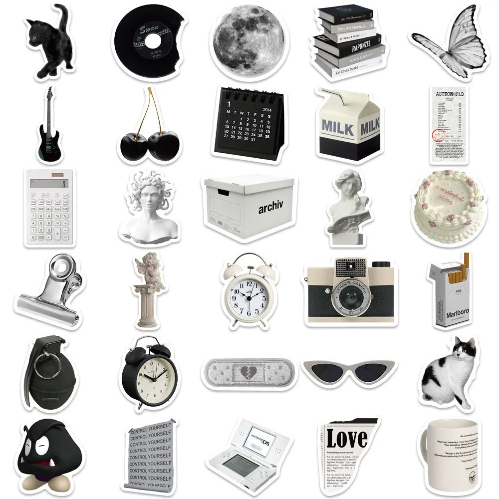 61 black and white PVC waterproof vinyl stickers for laptops, phones, and luggage.