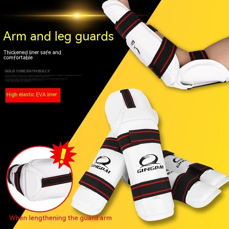 Taekwondo protective gear set showing arm guards and leg protectors with PU EVA foam construction