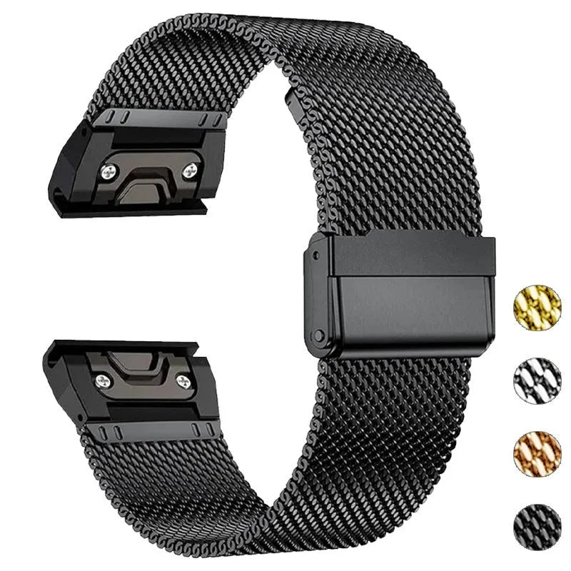 Stainless steel Garmin Fenix watch strap replacement in silver black gold rose gold colours