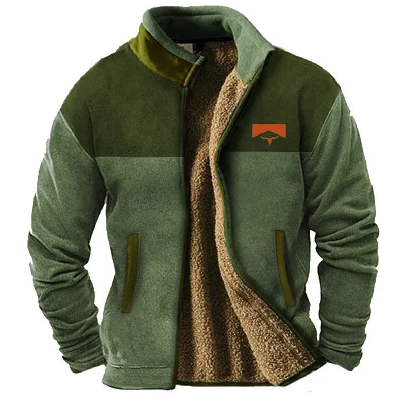Men's blue padded fleece coat with a regular fit on a hanger.