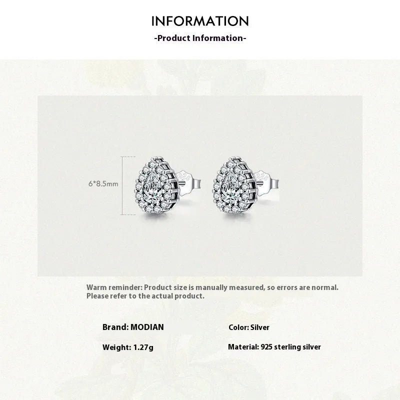 Women's silver water drop ear studs with diamond treatment surface