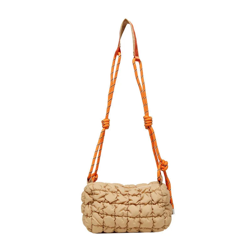 Women's lightweight nylon messenger bag in pillow shape with rhombus pattern and adjustable crossbody strap