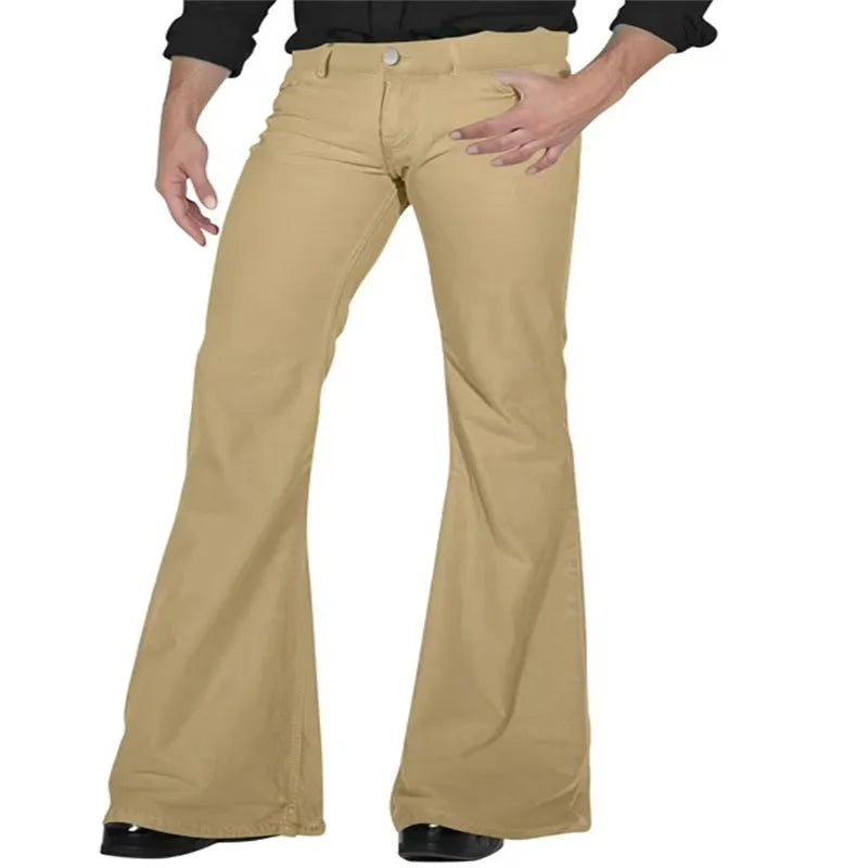 Solid colour high-elasticity polyester bell-bottom trousers, mid waist, zip placket, available in multiple colours including black and white