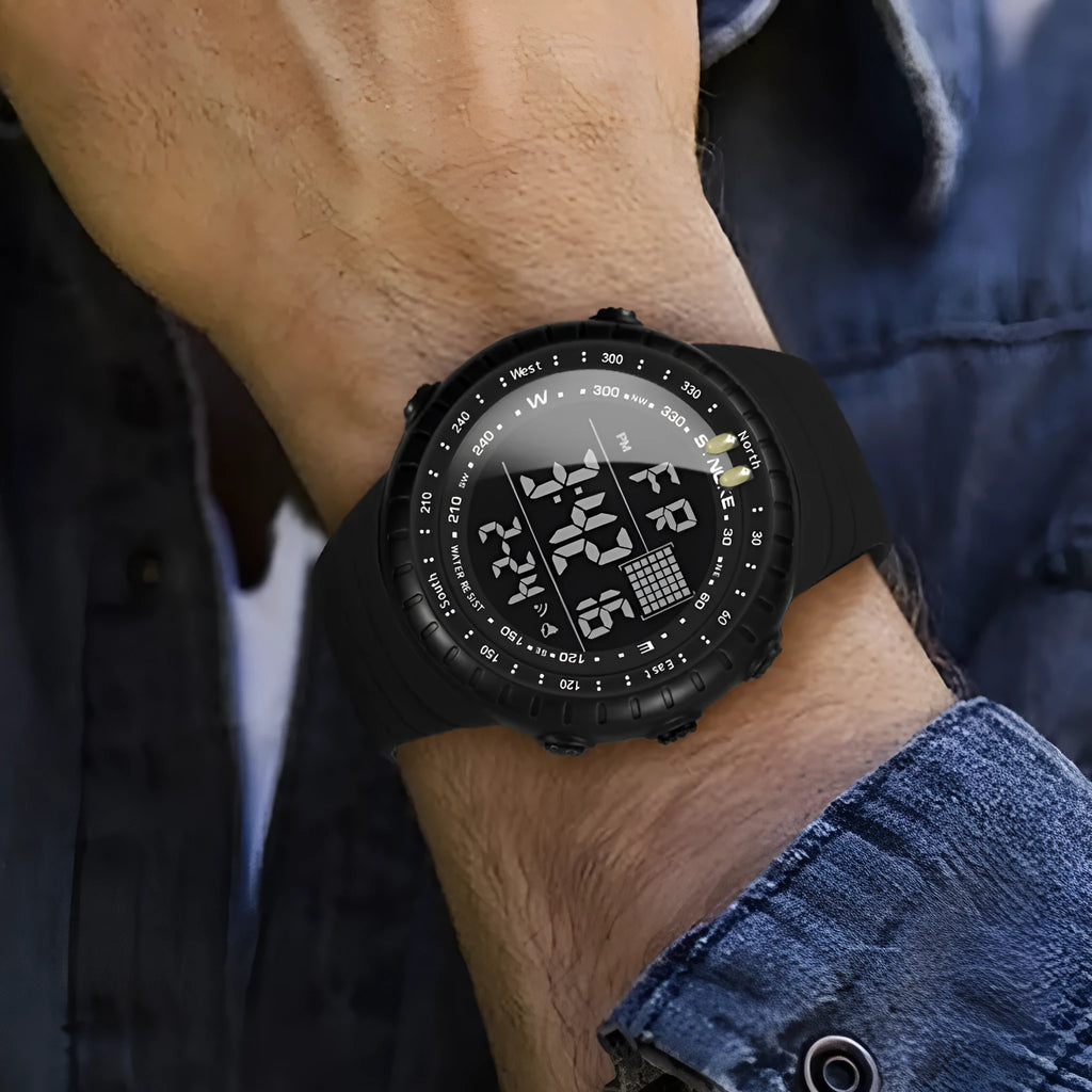 Black waterproof outdoor electronic watch with digital display and adjustable PU strap