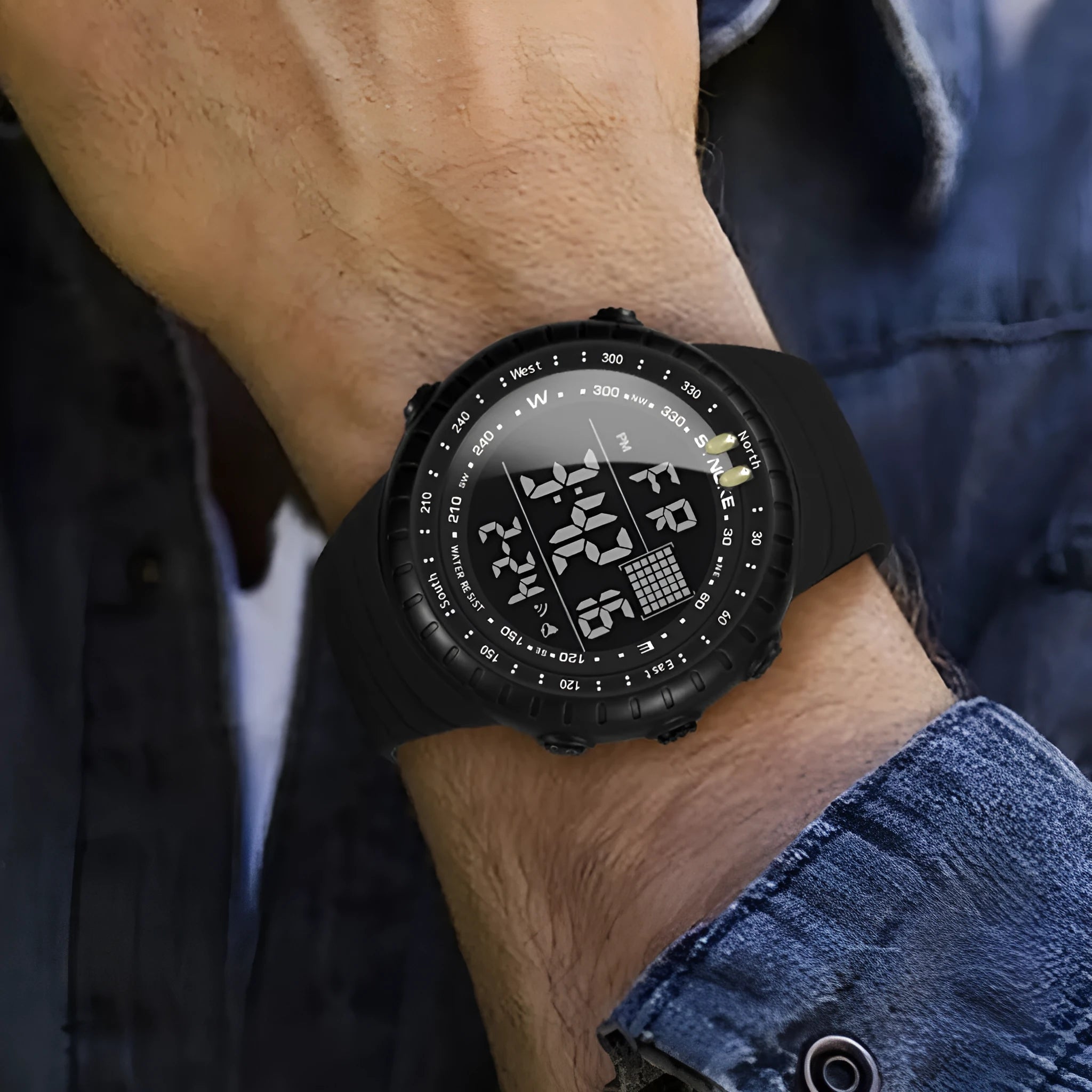 Black waterproof outdoor electronic watch with digital display and adjustable PU strap