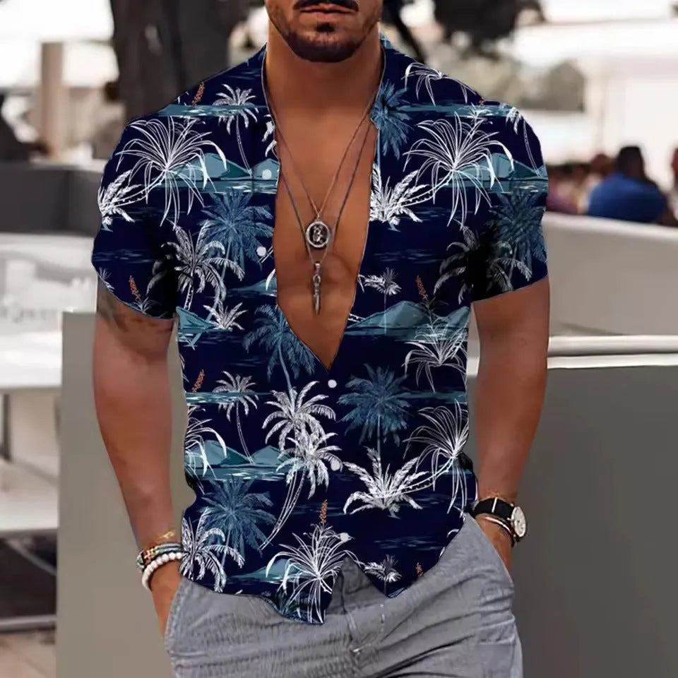 Man wearing a loose fit short sleeve floral print shirt in a cardigan style for summer.
