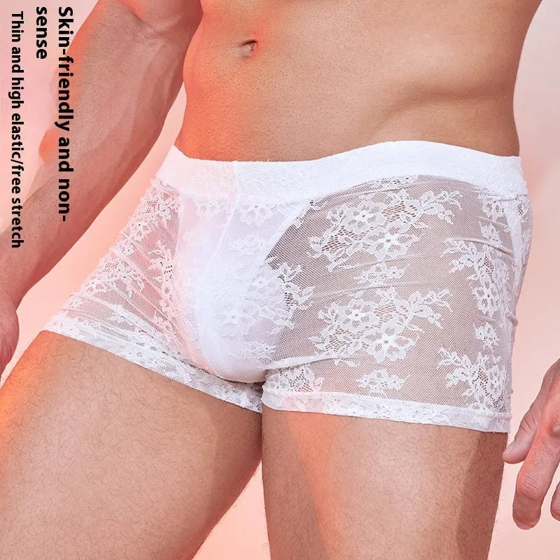 Nylon lace men's boxers in black, red, and white colours showing fashion personality design.