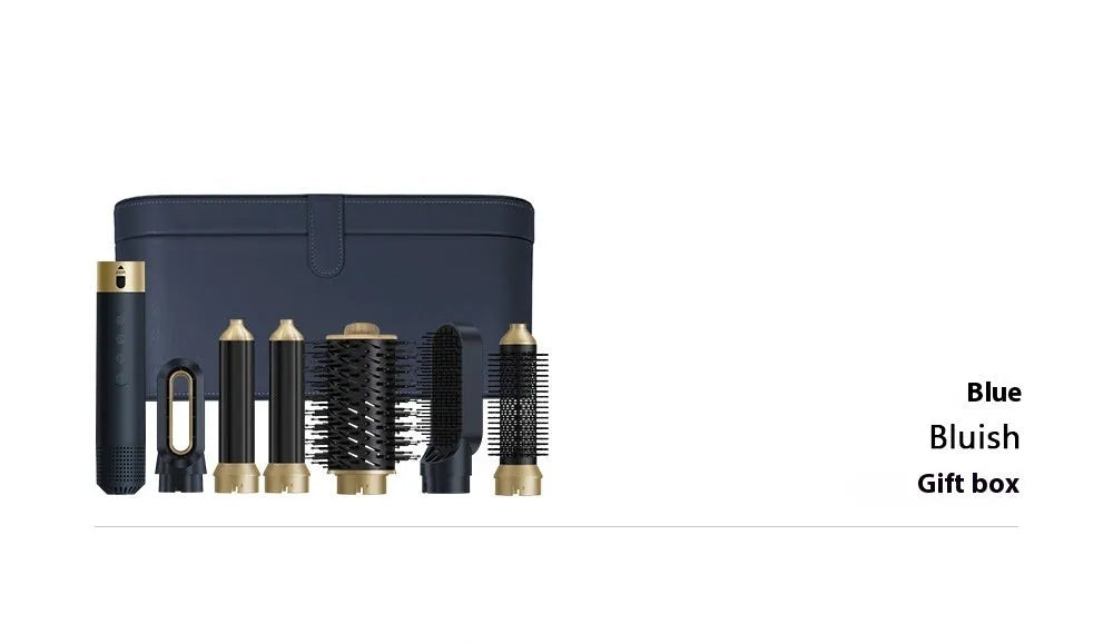 Hot air comb with six styling attachments in leather case, dark blue or white colour options