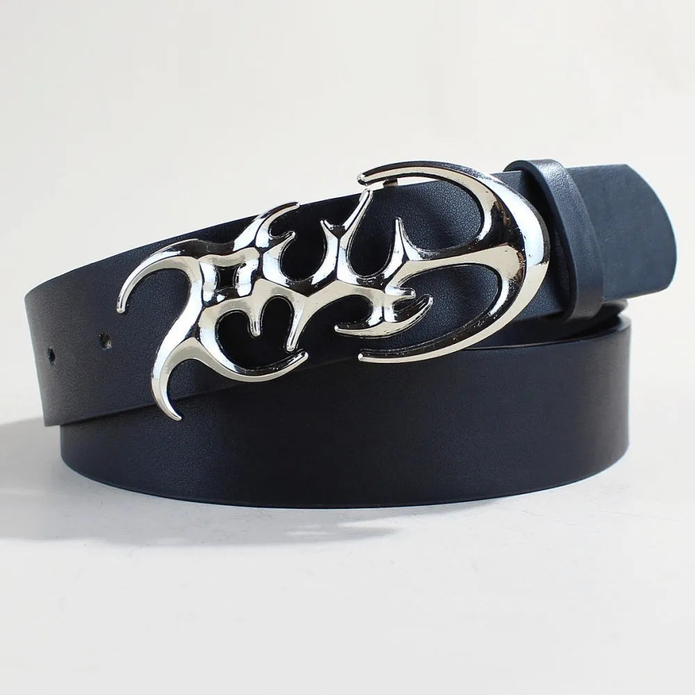 Casual silver buckle belt with snap button closure on PU leather strap