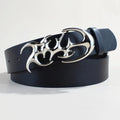 Casual silver buckle belt with snap button closure on PU leather strap