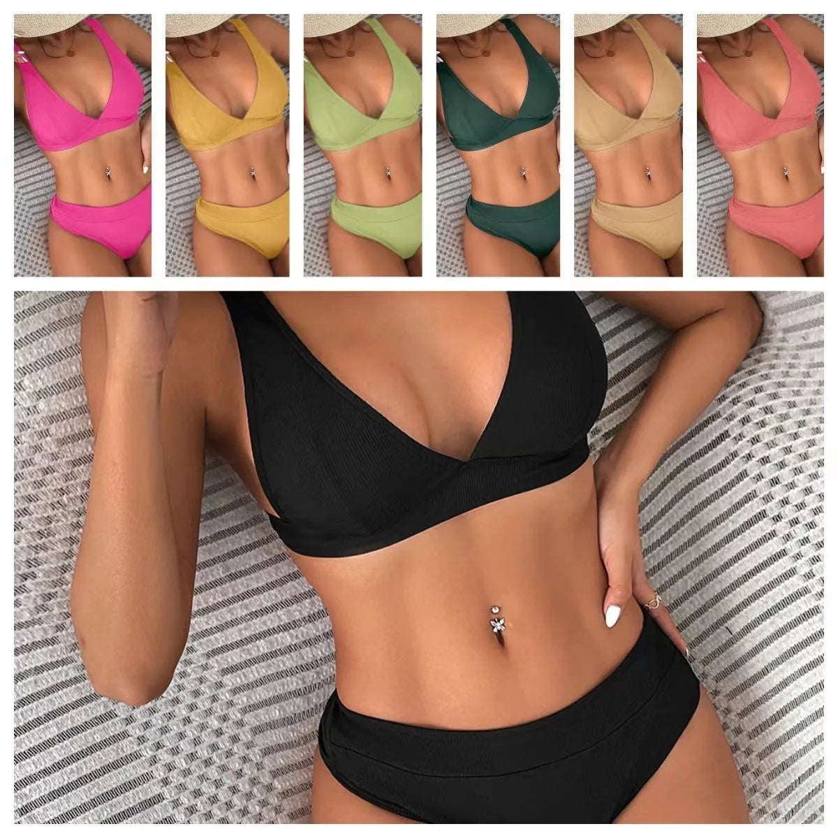 Women's black bikini with a rib texture and a front lace-up split design on a mannequin.
