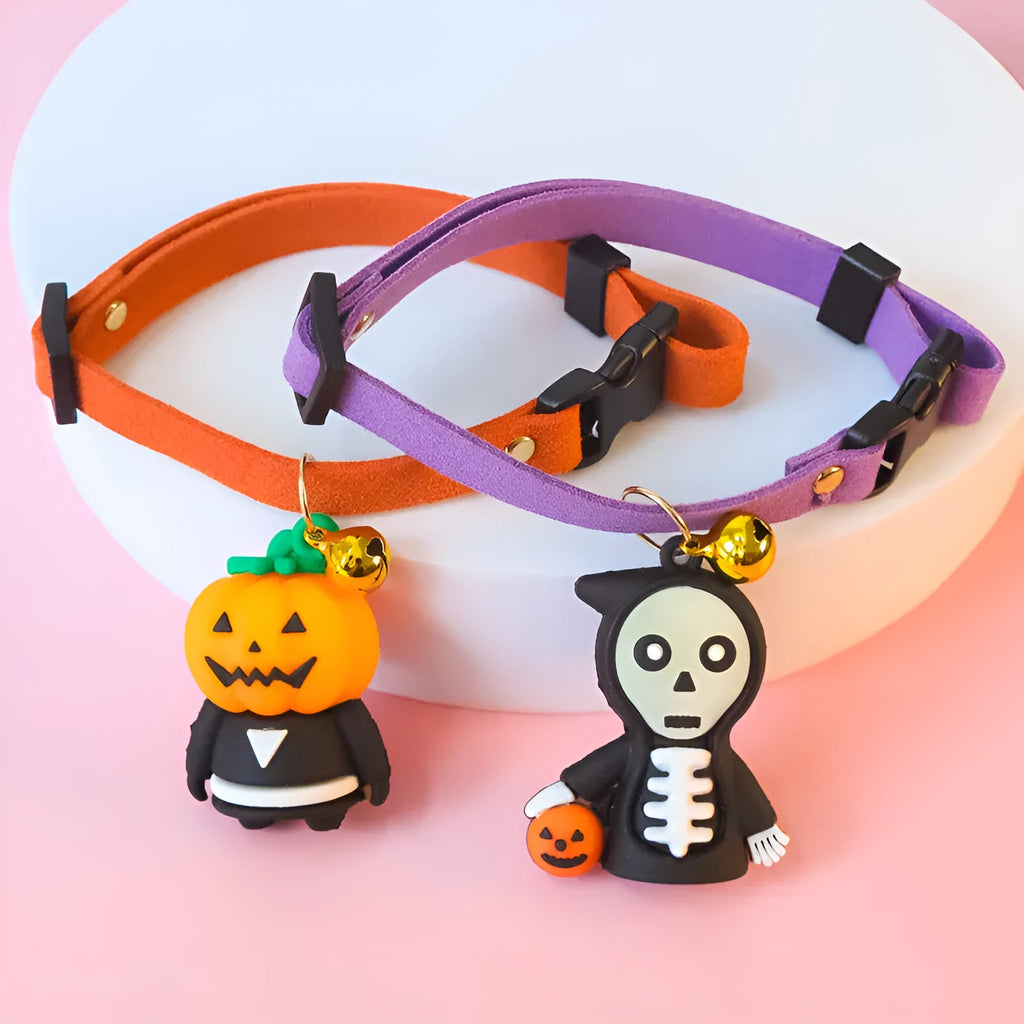 Halloween dog collar with luminous cartoon patterns in Pumpkin Man, Luminous Brat and Luminous Skull designs