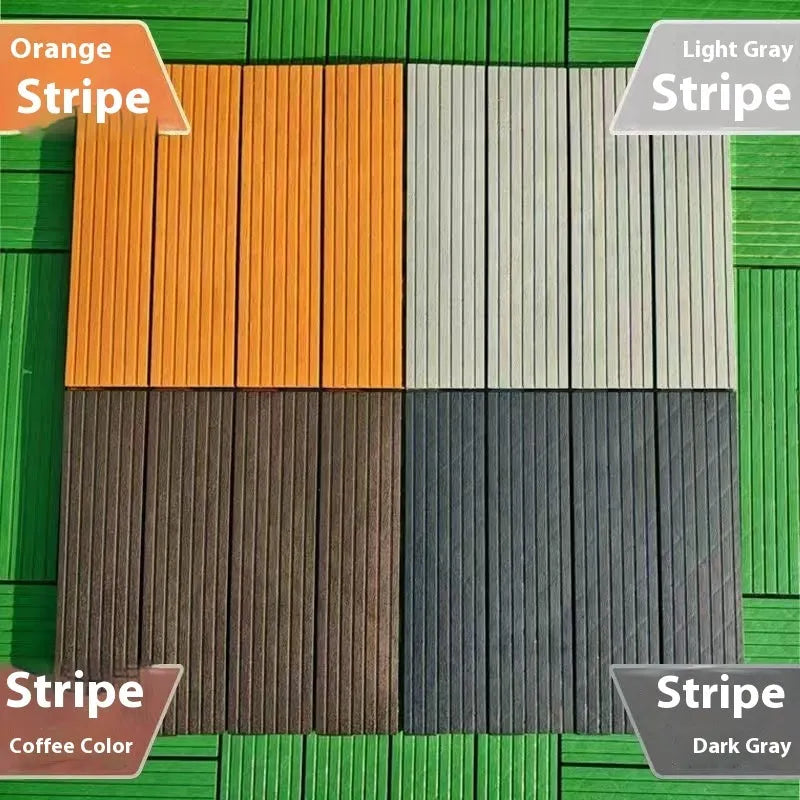 Plastic interlocking floor tiles in wood grain pattern showing 300x300mm dimensions and non-slip surface texture