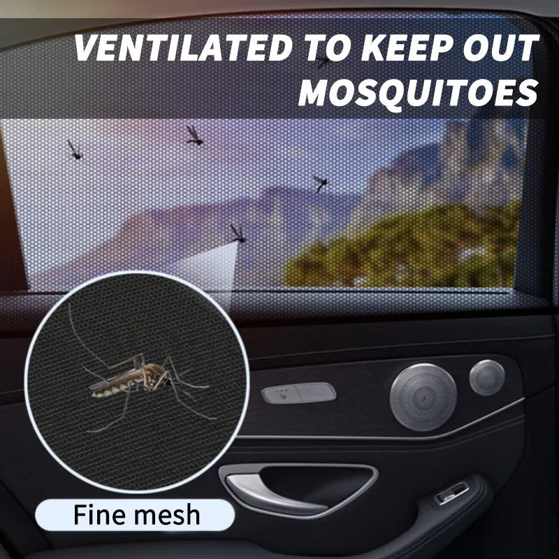 Car side window mesh sunshade with elastic fixation providing sun protection and mosquito prevention