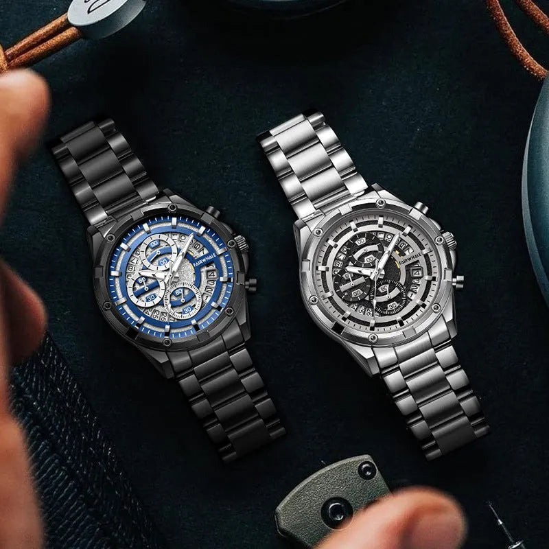 Men's waterproof quartz watch with luminous dial and steel strap in black, gold, or silver colour options